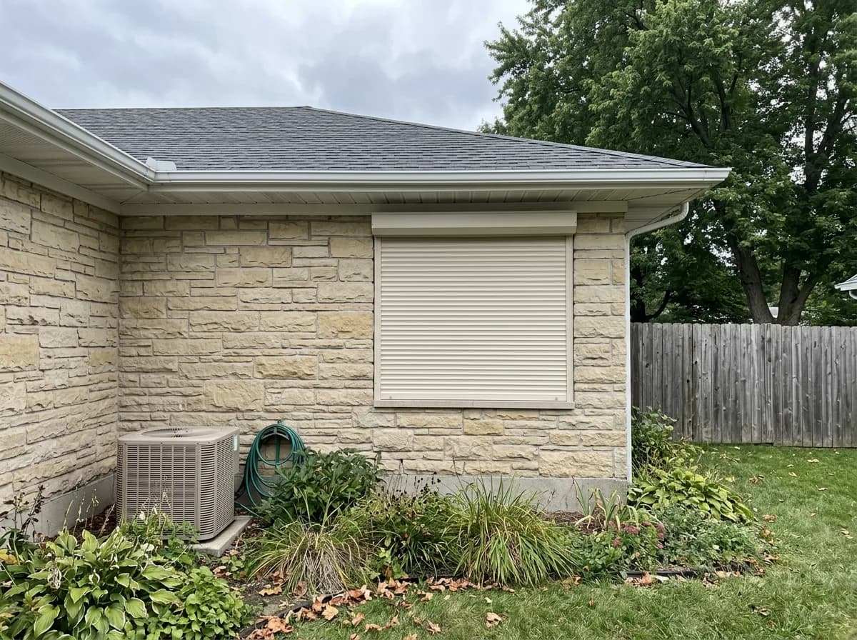 Single cream aluminum roll shutter deployed over a side window on a sandstone Ontario home above lush hostas and a landscaped garden