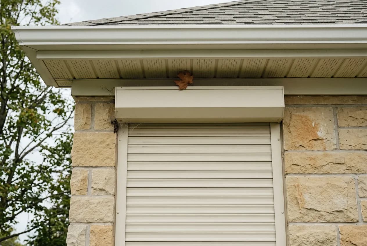 Sandstone-clad Ontario home with a cream aluminum roll shutter deployed under the eave next to vinyl soffit