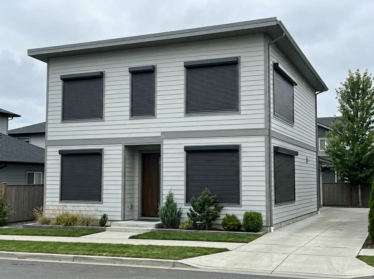 Modern grey fiber-cement Ontario home with six dark charcoal aluminum roll shutters deployed across the front windows
