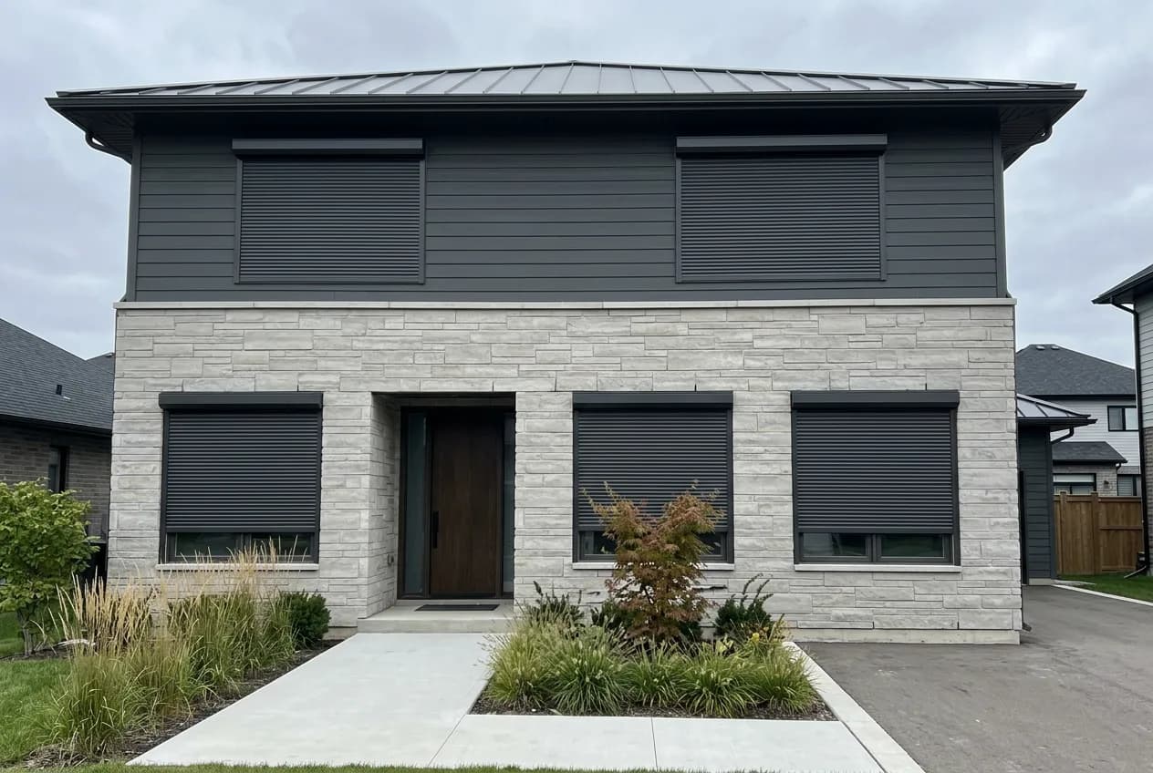 Modern Ontario home with light-grey stone base and dark upper siding, charcoal aluminum roll shutters deployed across the front windows