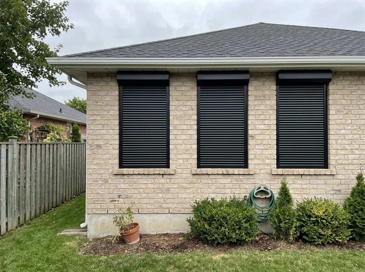 Light-brick Ontario home side wall with three black aluminum roll shutters deployed over the windows above a small evergreen and shrub garden bed