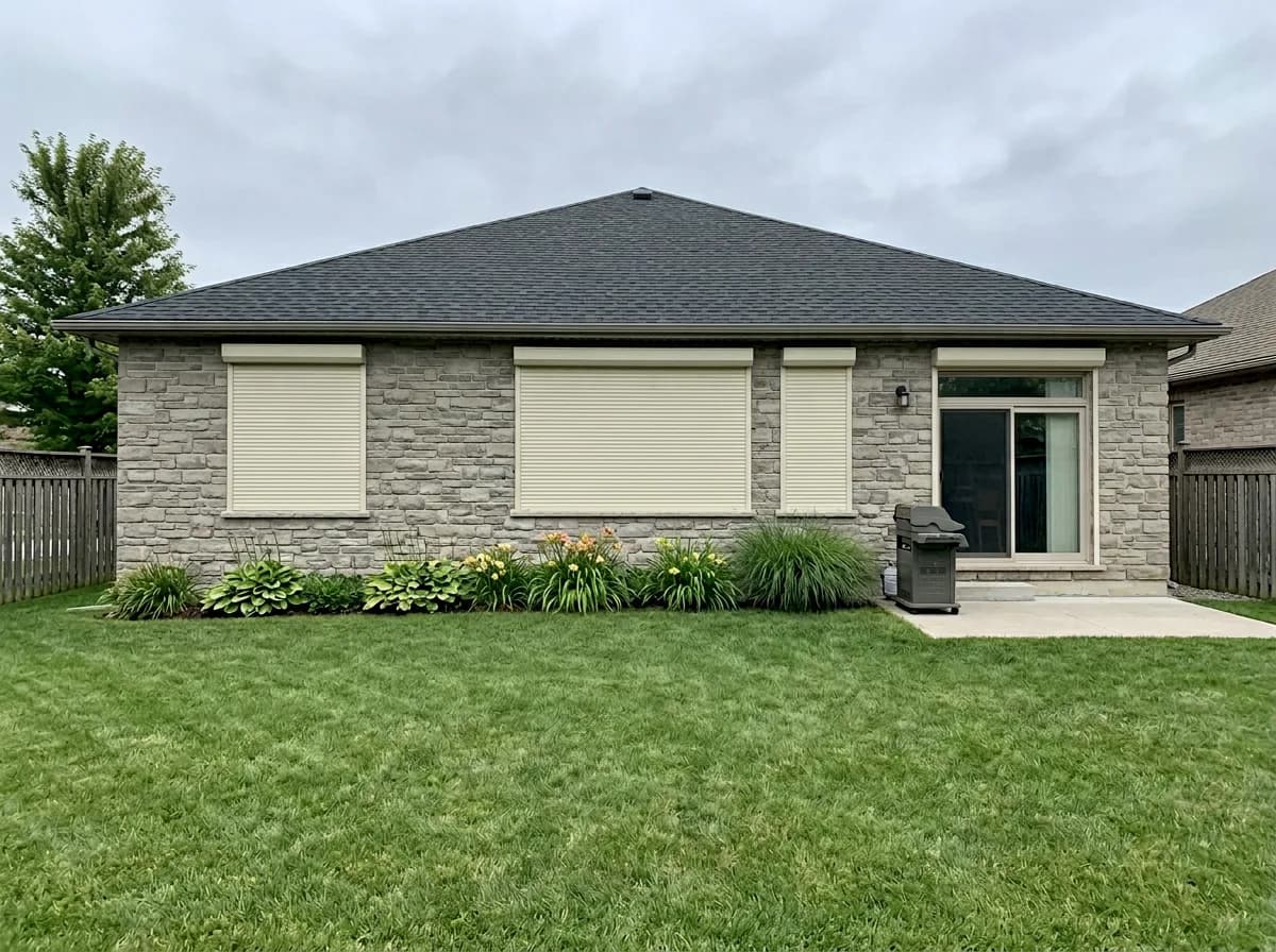 Stone-clad Ontario bungalow rear yard with cream aluminum roll shutters deployed over multiple rear windows beside an attached sunroom