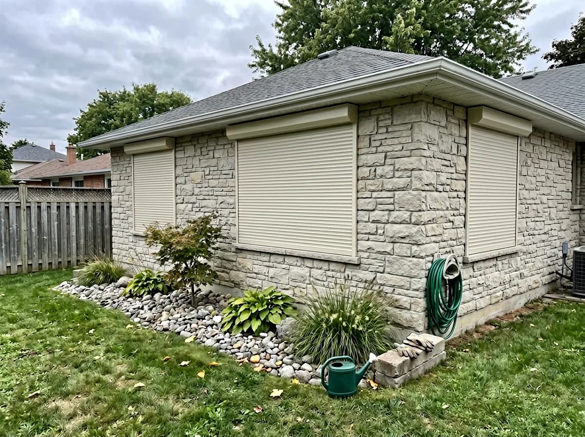 Light stone-clad Ontario bungalow with three cream aluminum roll shutters deployed over the rear windows above a landscaped rock garden