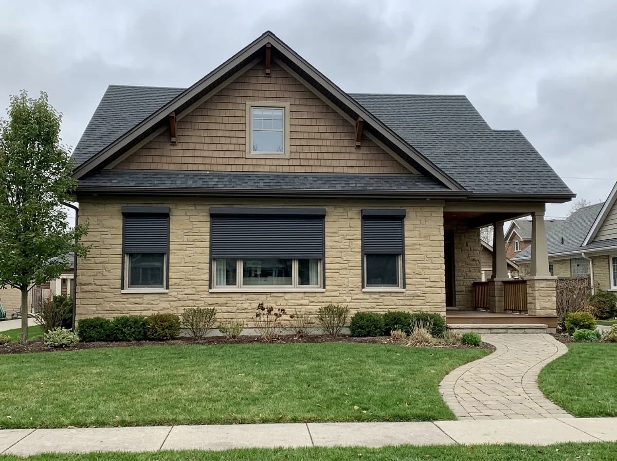 Craftsman-style Ontario bungalow with three charcoal aluminum roll shutters deployed across the ground-floor windows above a stone foundation