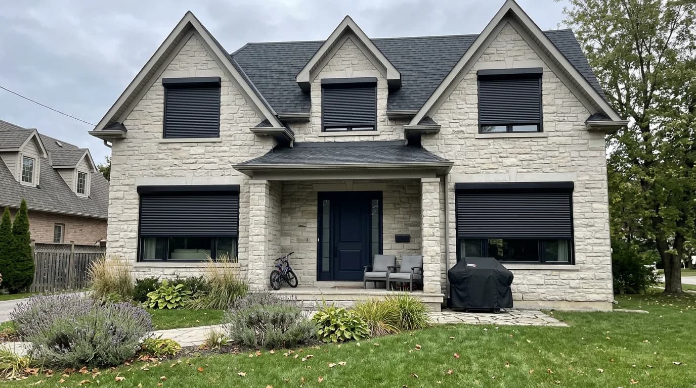 Two-story Ontario limestone home with black aluminum roll shutters deployed across multiple front windows above a lavender front garden