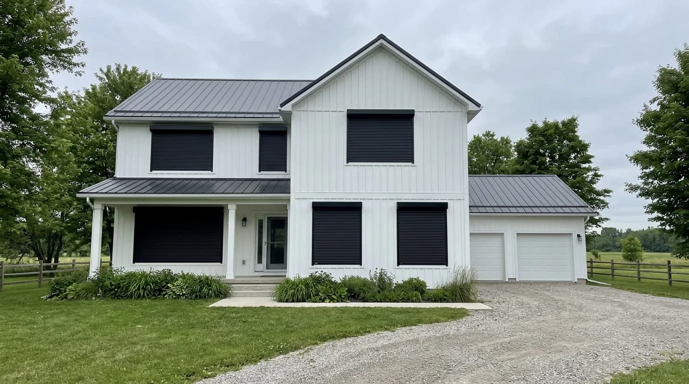 Modern white board-and-batten farmhouse with six black aluminum roll shutters deployed across the front windows under a dark metal roof