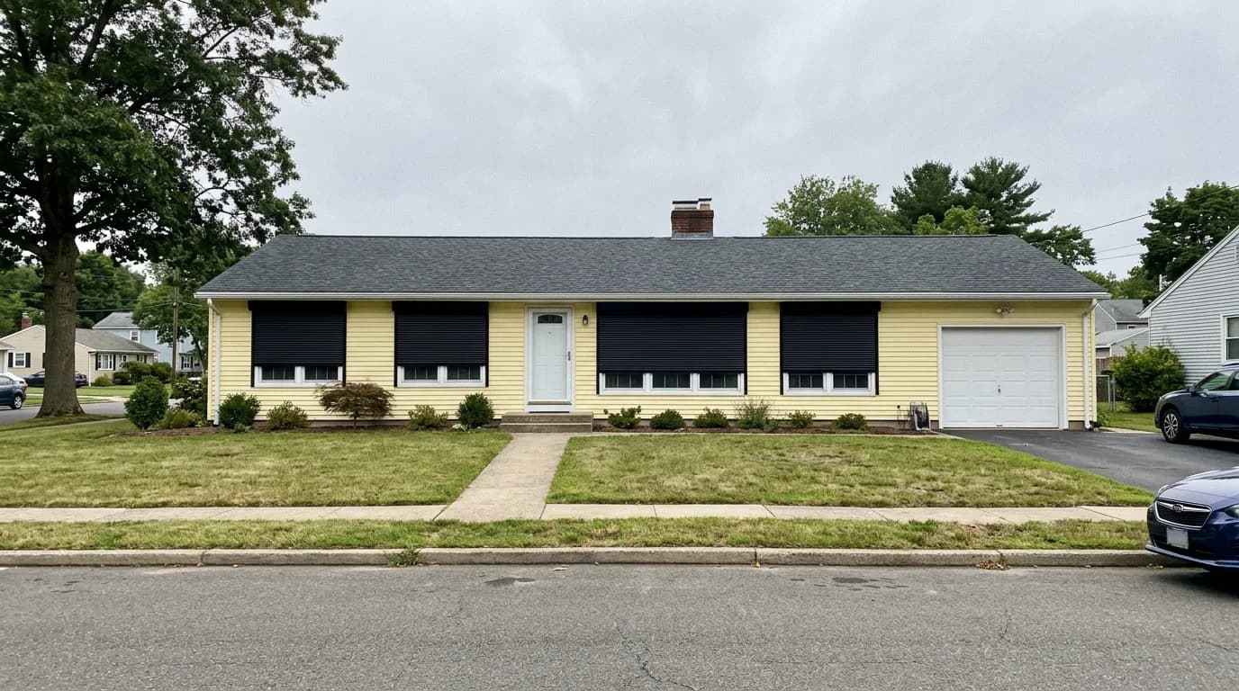 Butter-yellow vinyl Ontario ranch home with five black aluminum roll shutters deployed across the long front elevation